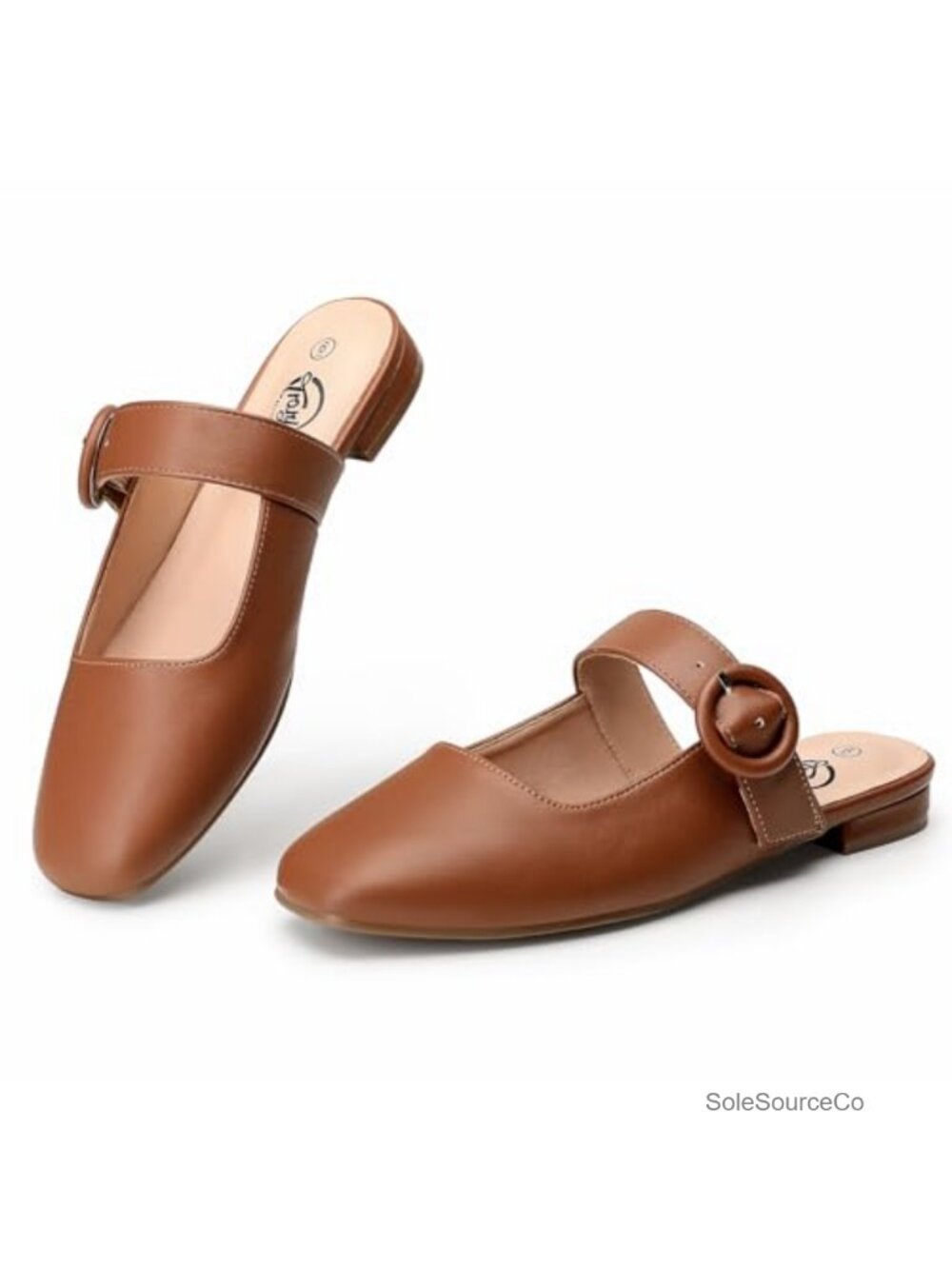 Women Mules & Clogs Square Toe Adjustable Strap Faux Leather Slip On Flats